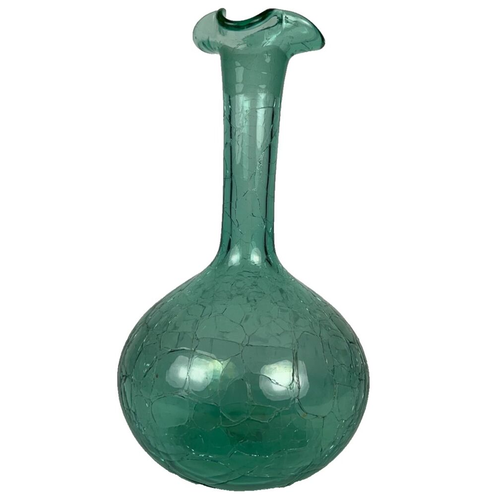 Vintage Blenko #37 Sea Green Crackle Glass Decanter Round Base Rough Pontil MCM